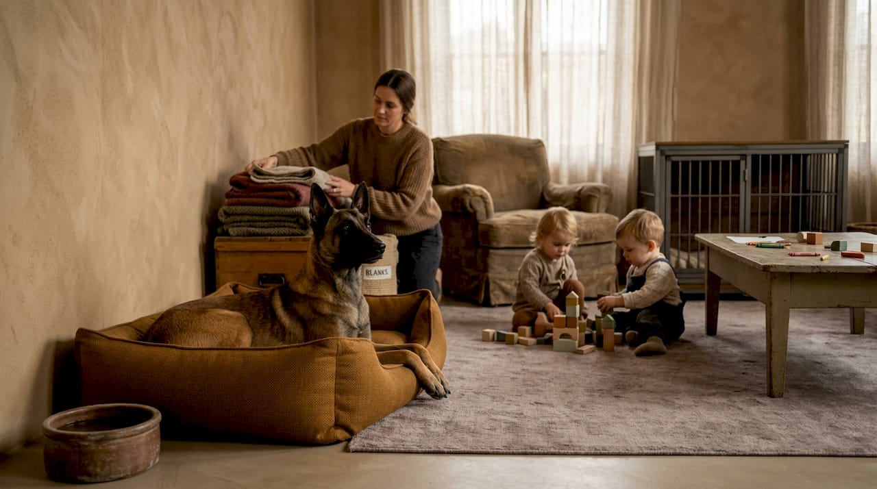 Dog resting calmly in designated home space