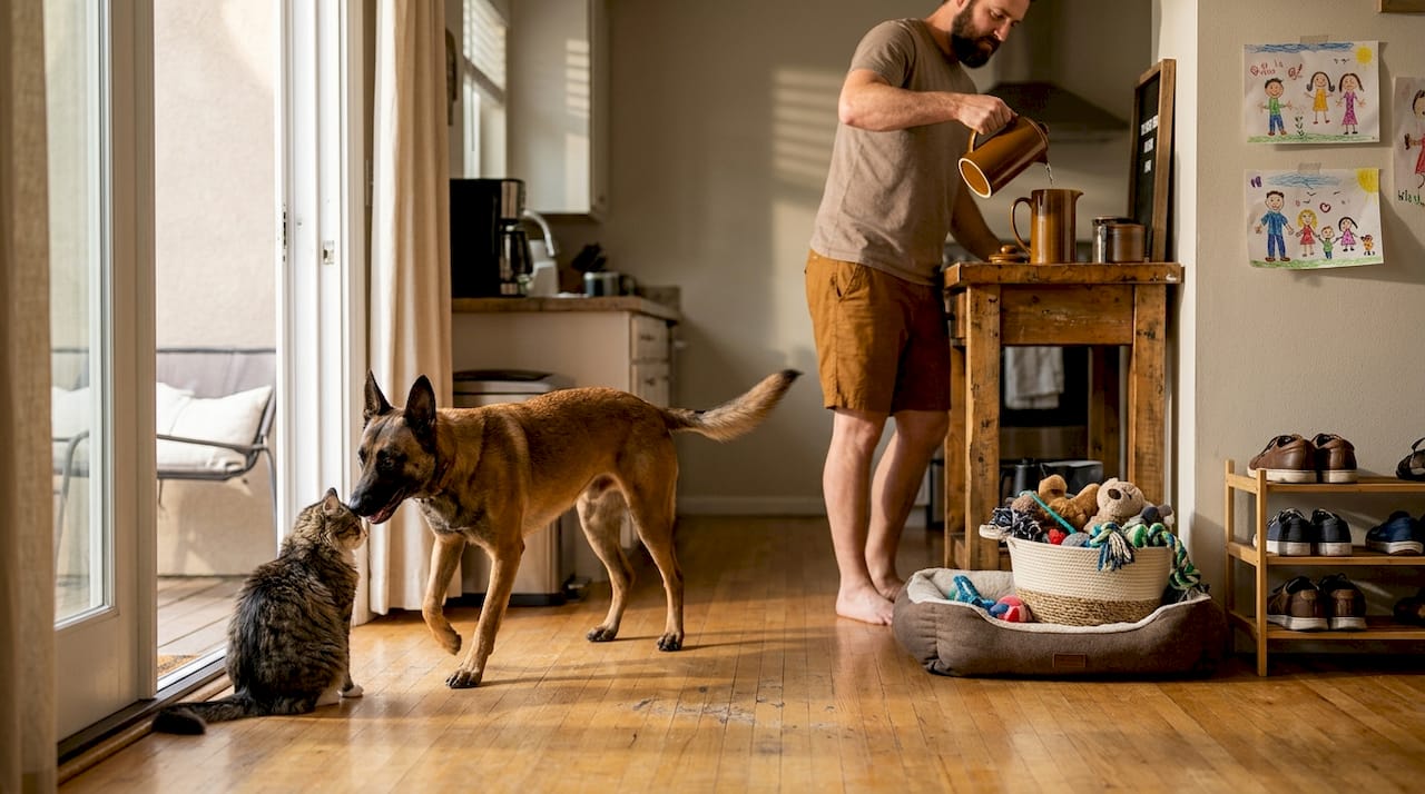 Malinois and cat calmly meeting in kitchen