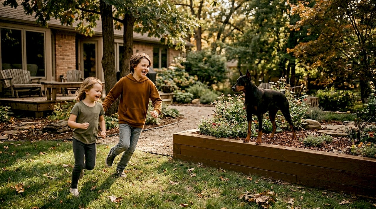 Children playing near watchful Doberman in yard