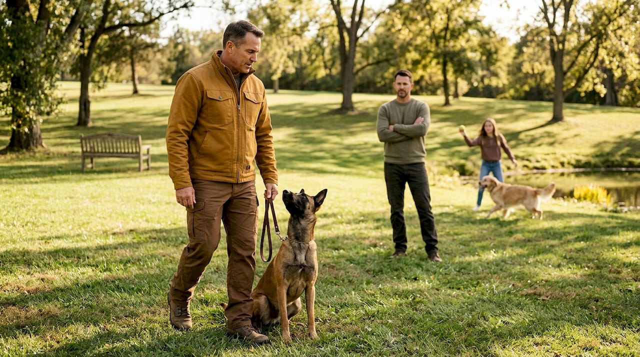Trainer and family in backyard dog session
