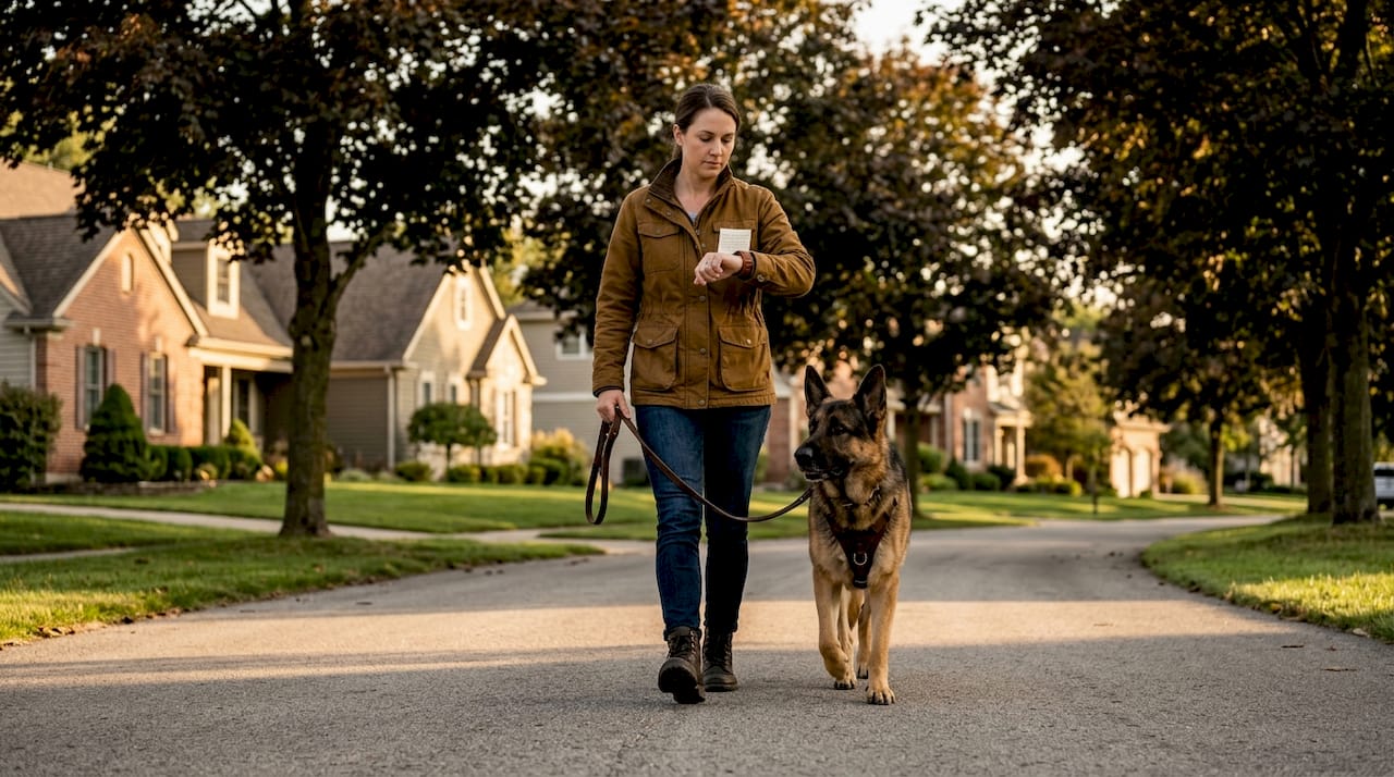 Protection dog walking beside businesswoman in city