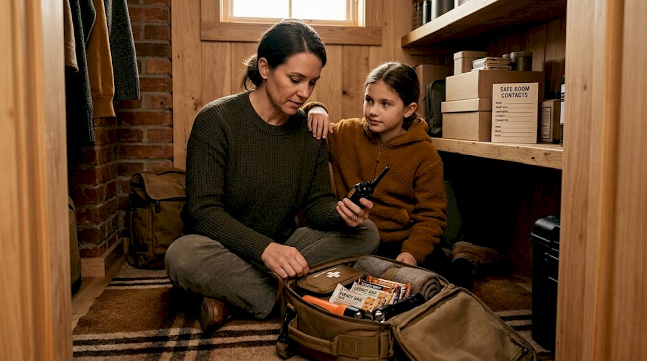 Mother and daughter check supplies in safe room