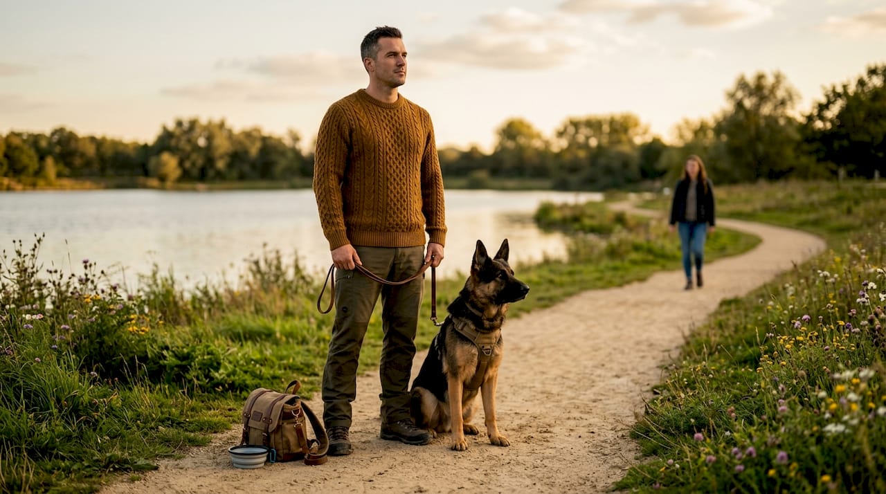 Handler and dog observe simulated threat
