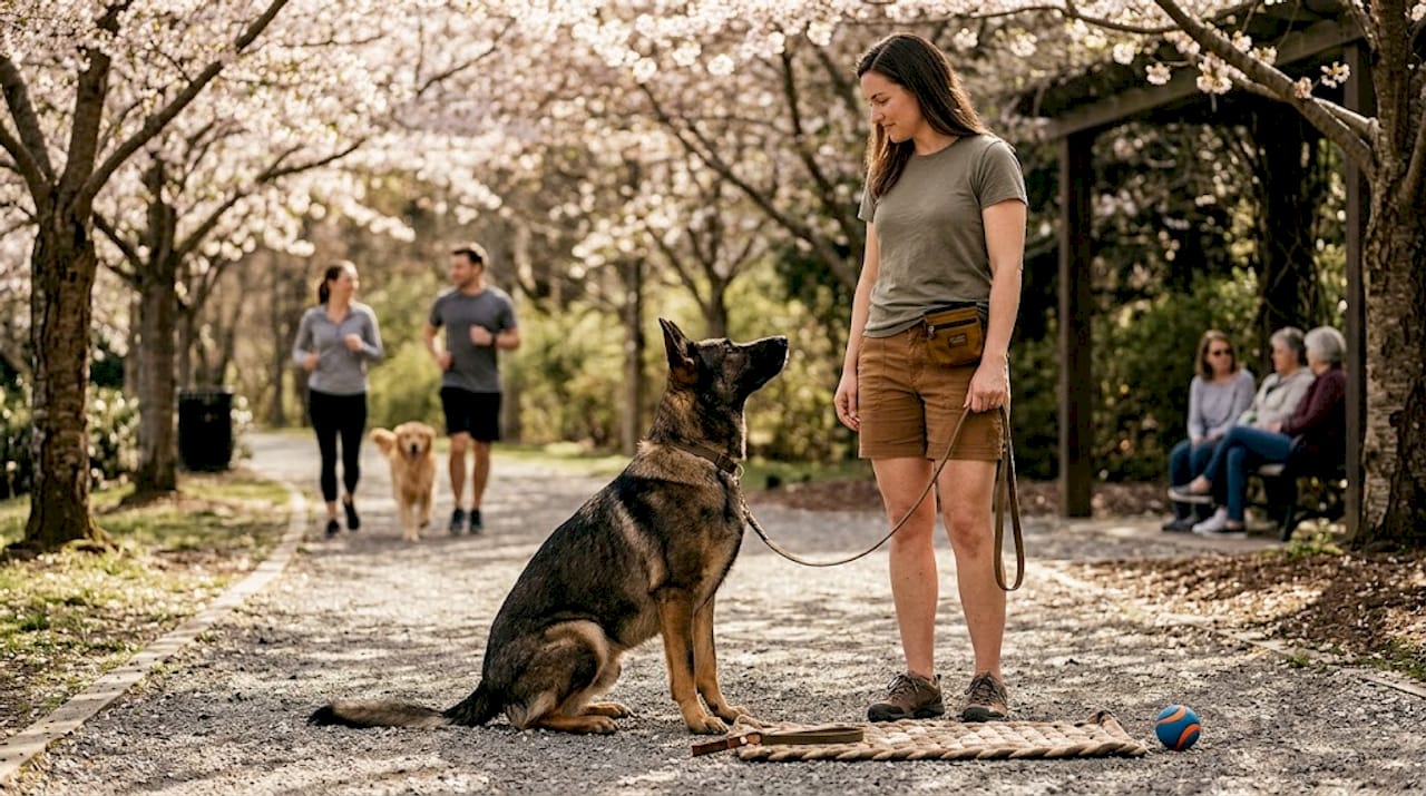Woman training German Shepherd in neighborhood park