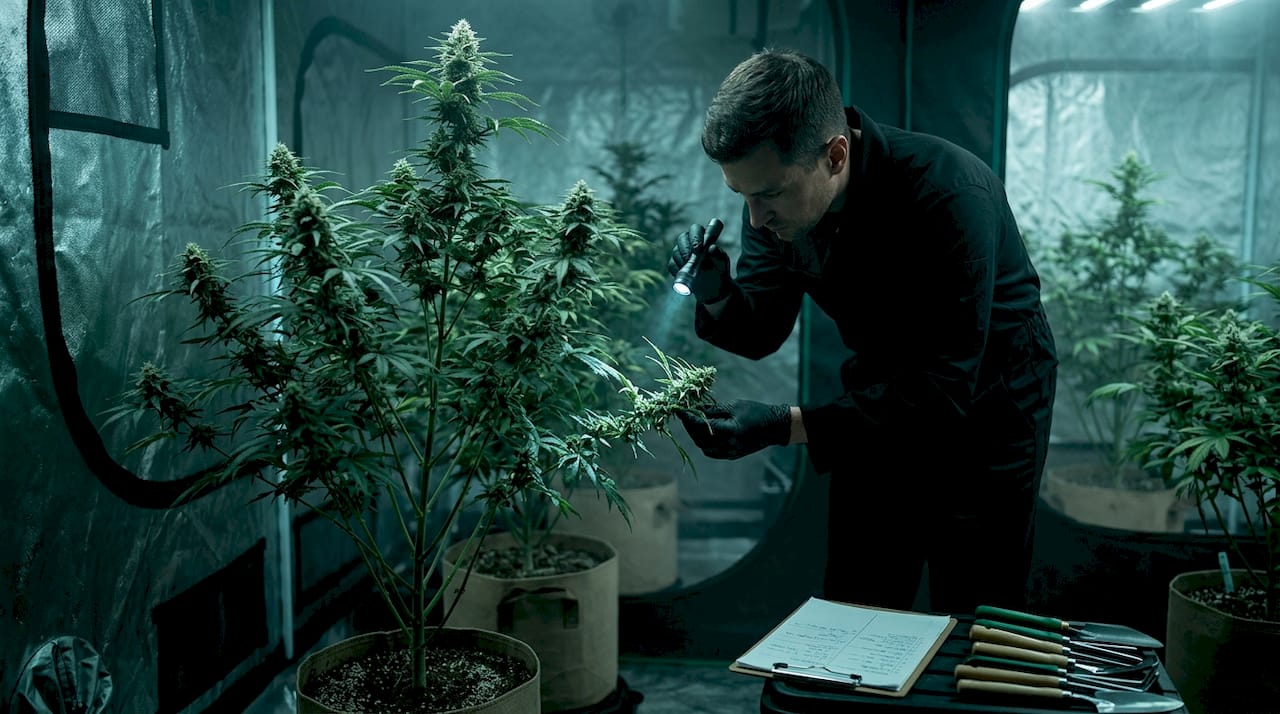 Grower inspecting mature cannabis plant for issues