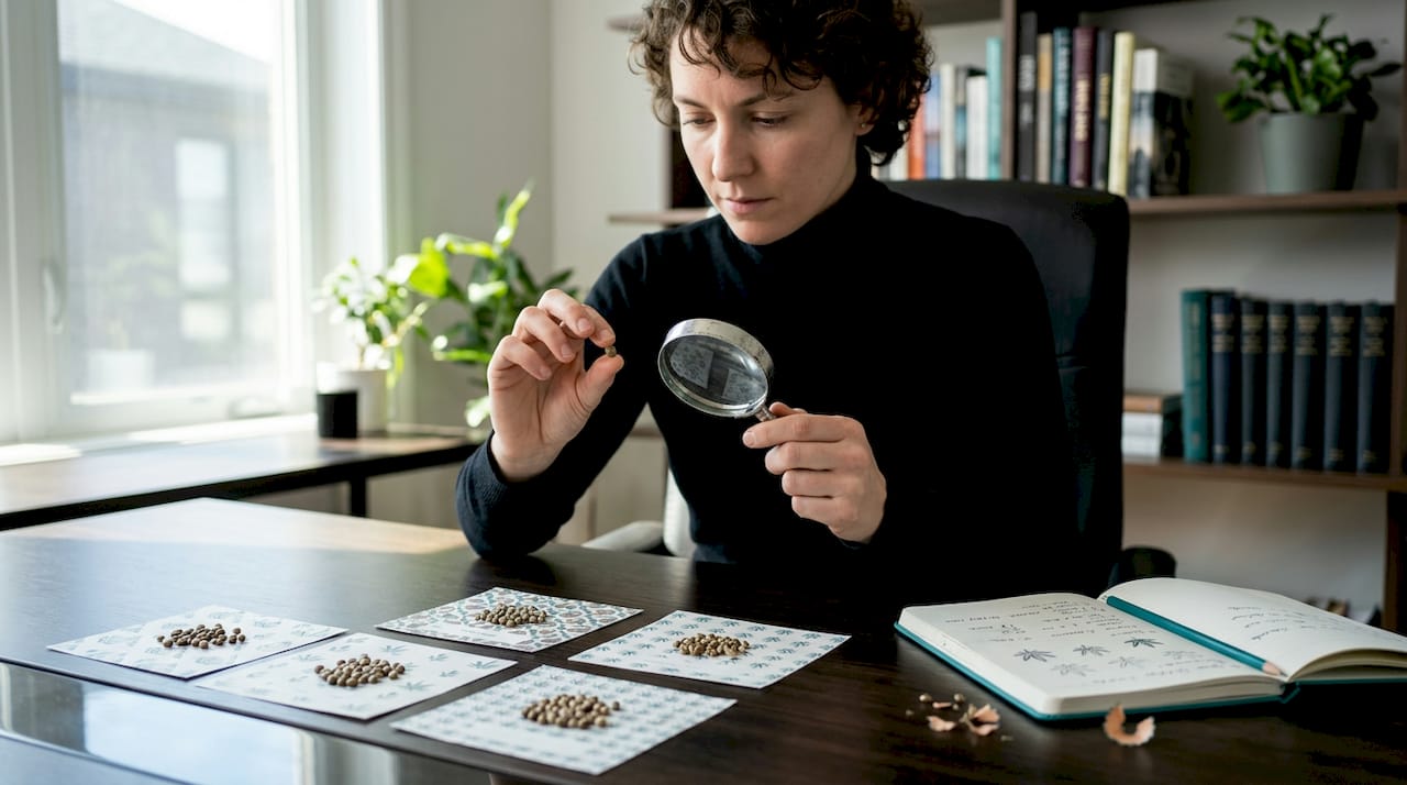 Person inspects cannabis seeds for selection
