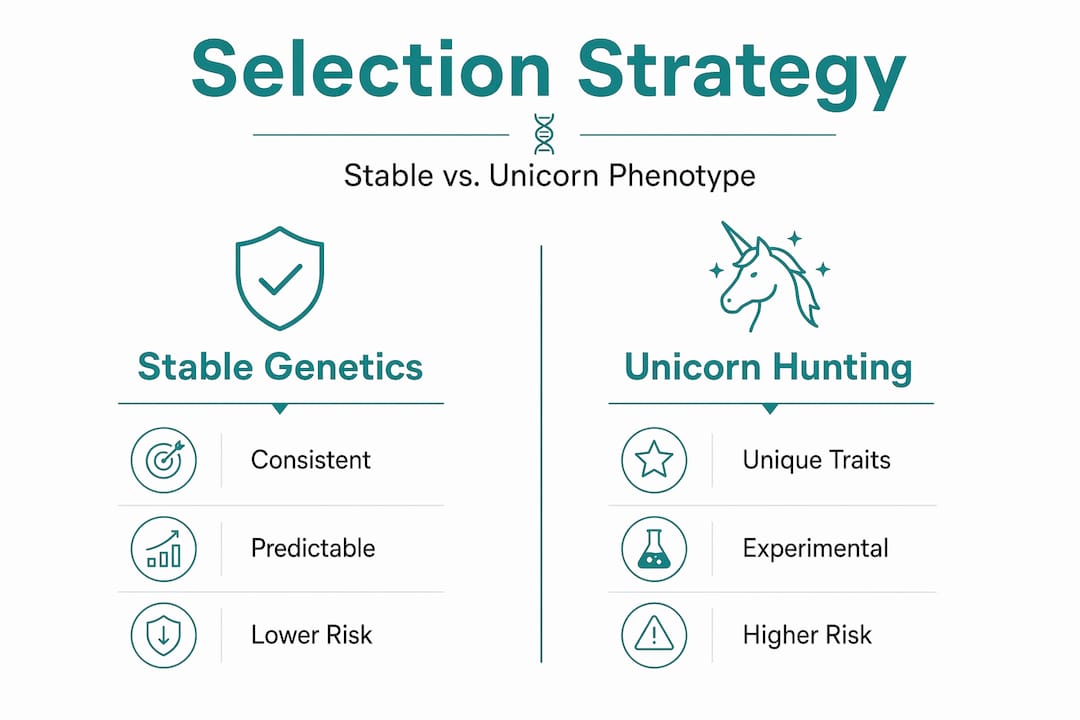Infographic comparing stable genetics and unicorn phenotype hunting