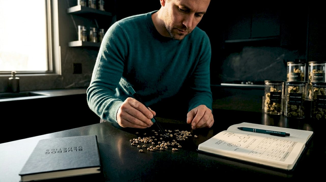 Grower hands inspecting cannabis seeds on table