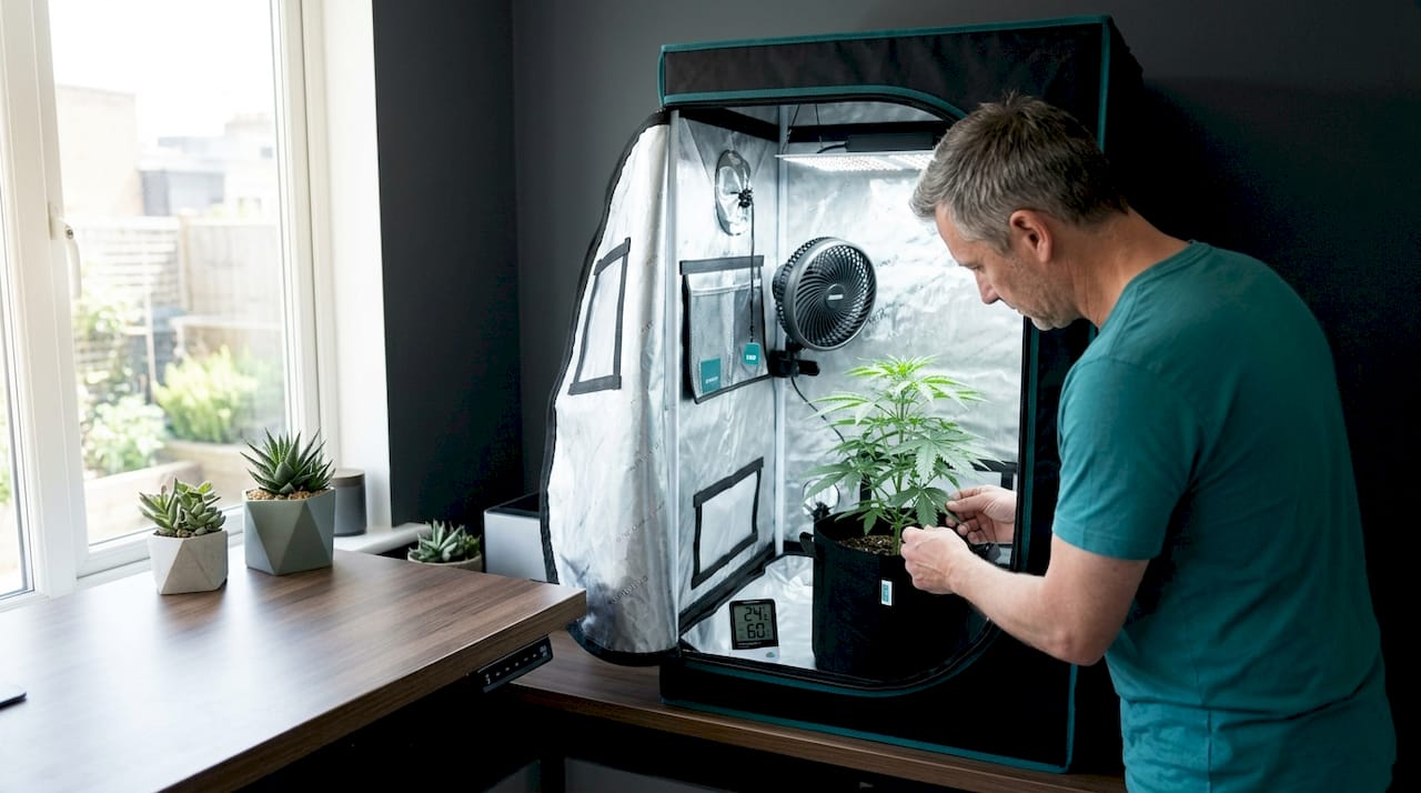 Grower inspecting cannabis plant in small tent