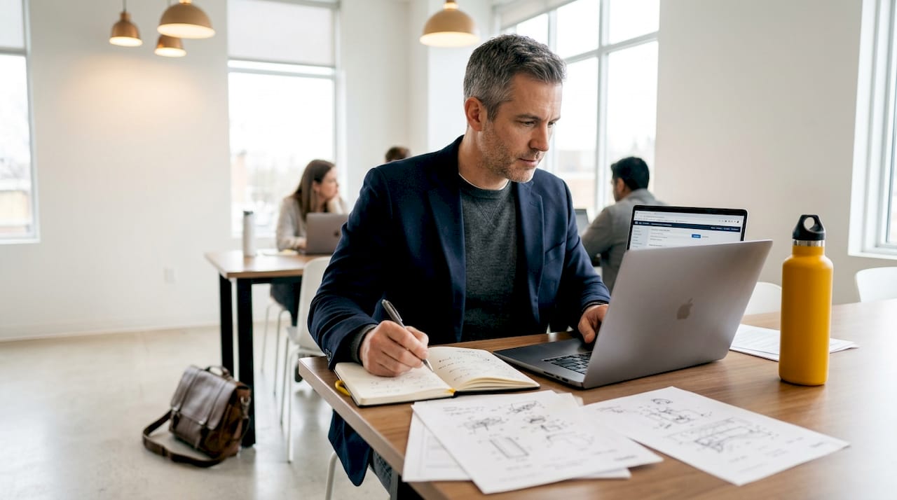Inventor researching patents in library setting