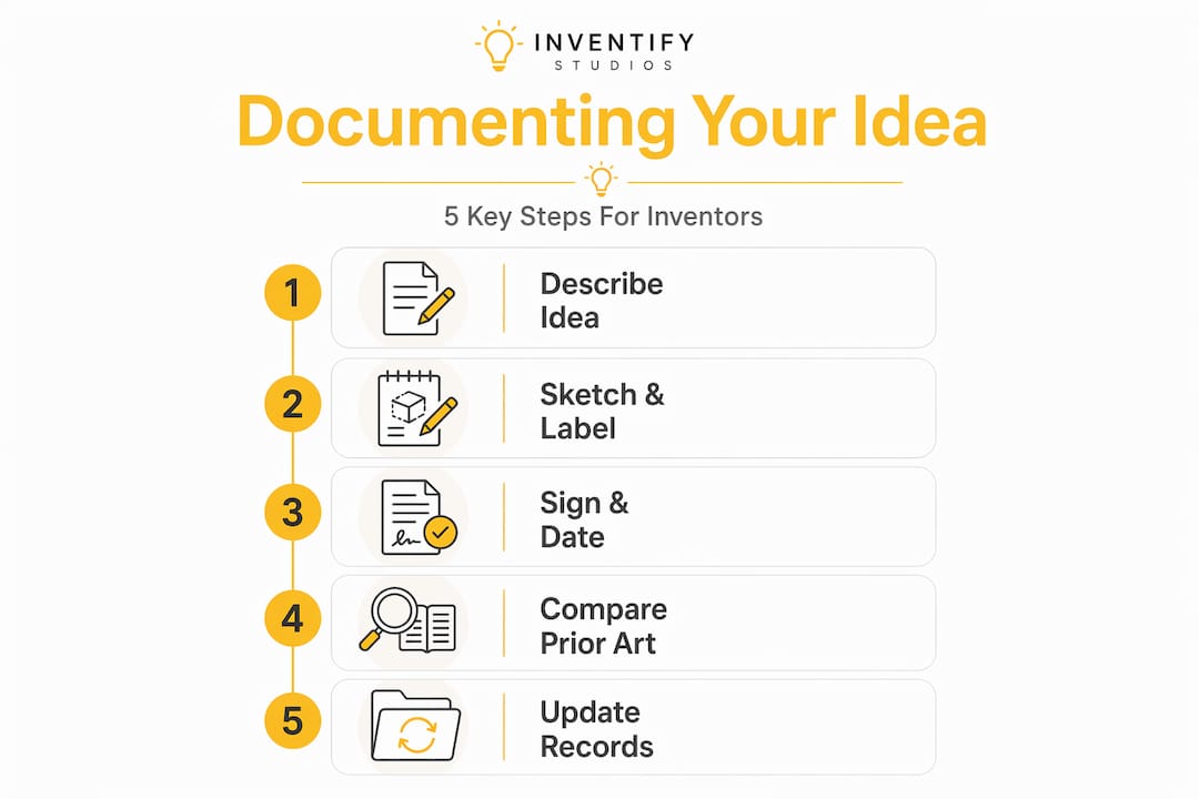Infographic showing five invention documentation steps