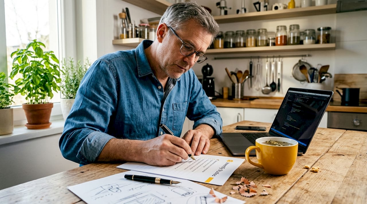 Inventor tracks checklist in sunny kitchen