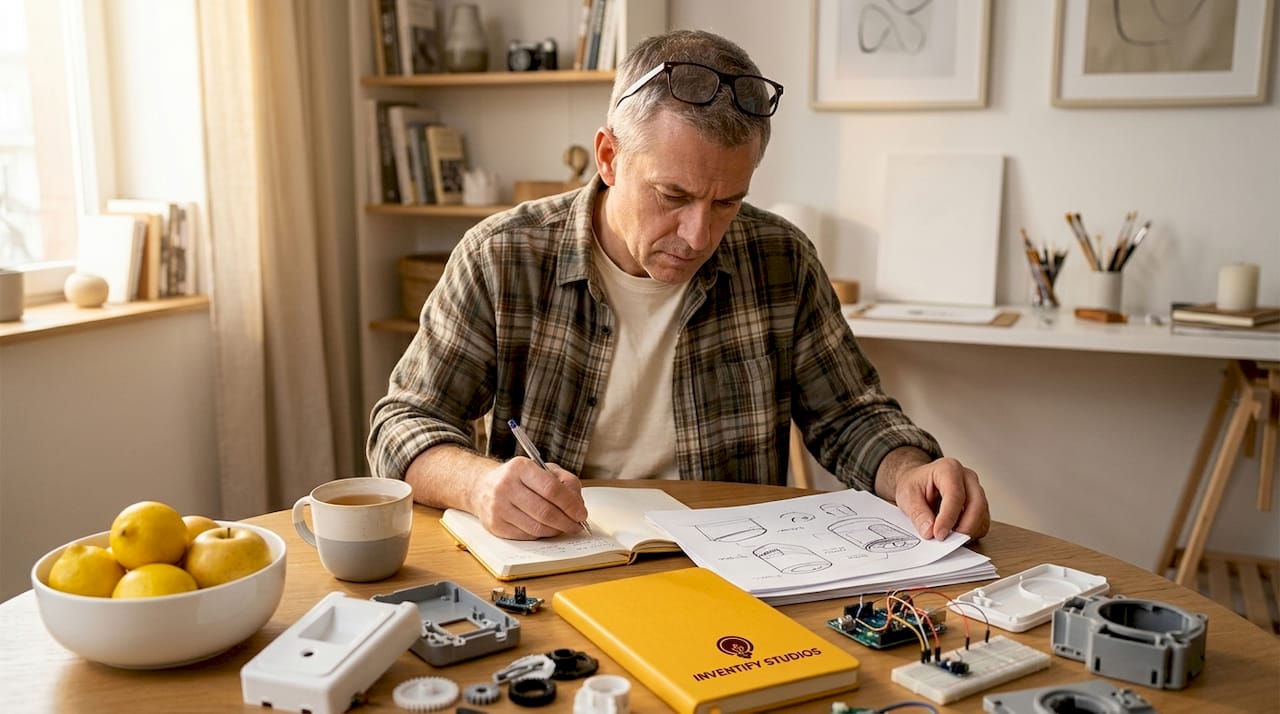 Inventor reviewing sketches and prototype notes