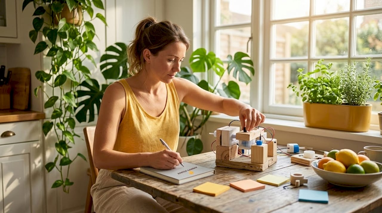 Inventor testing DIY prototype at kitchen table