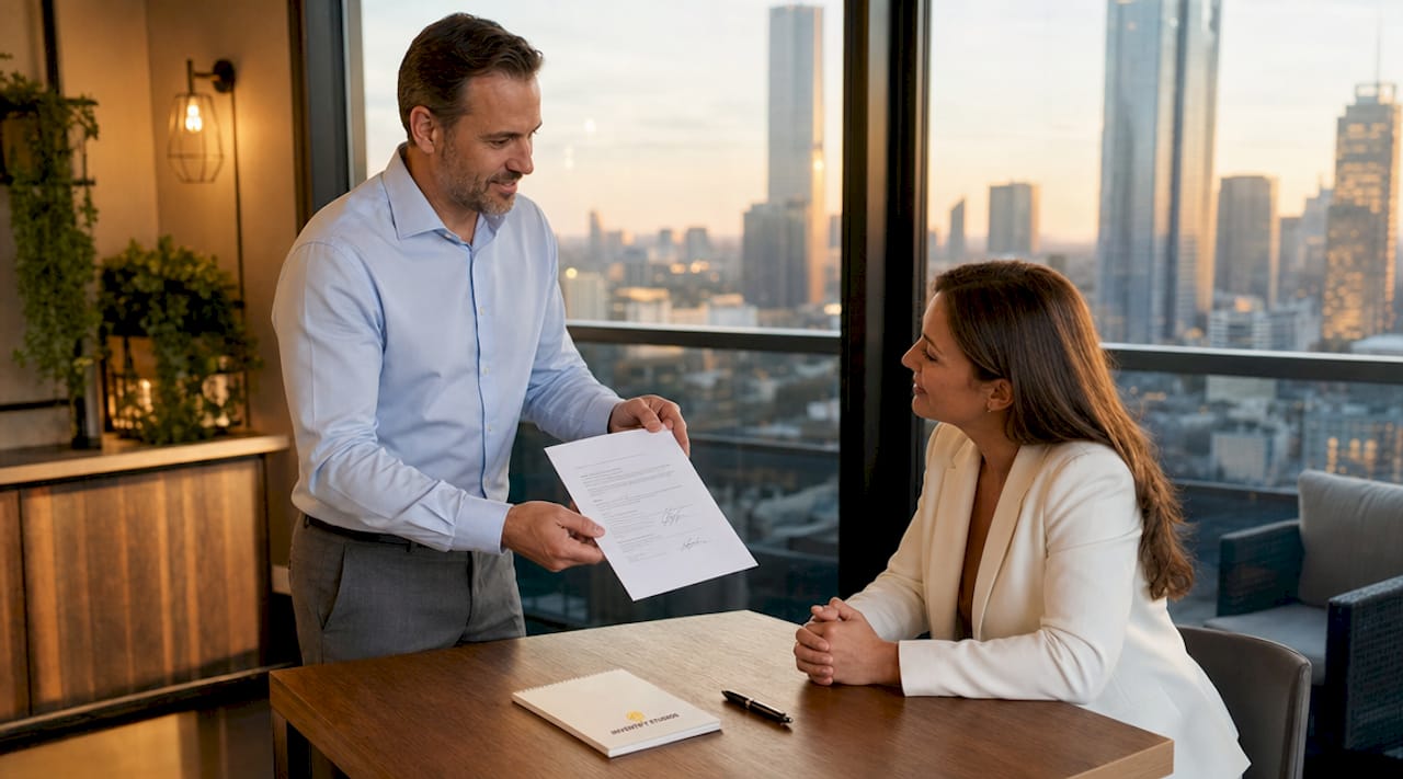 Businessman handing patent license document