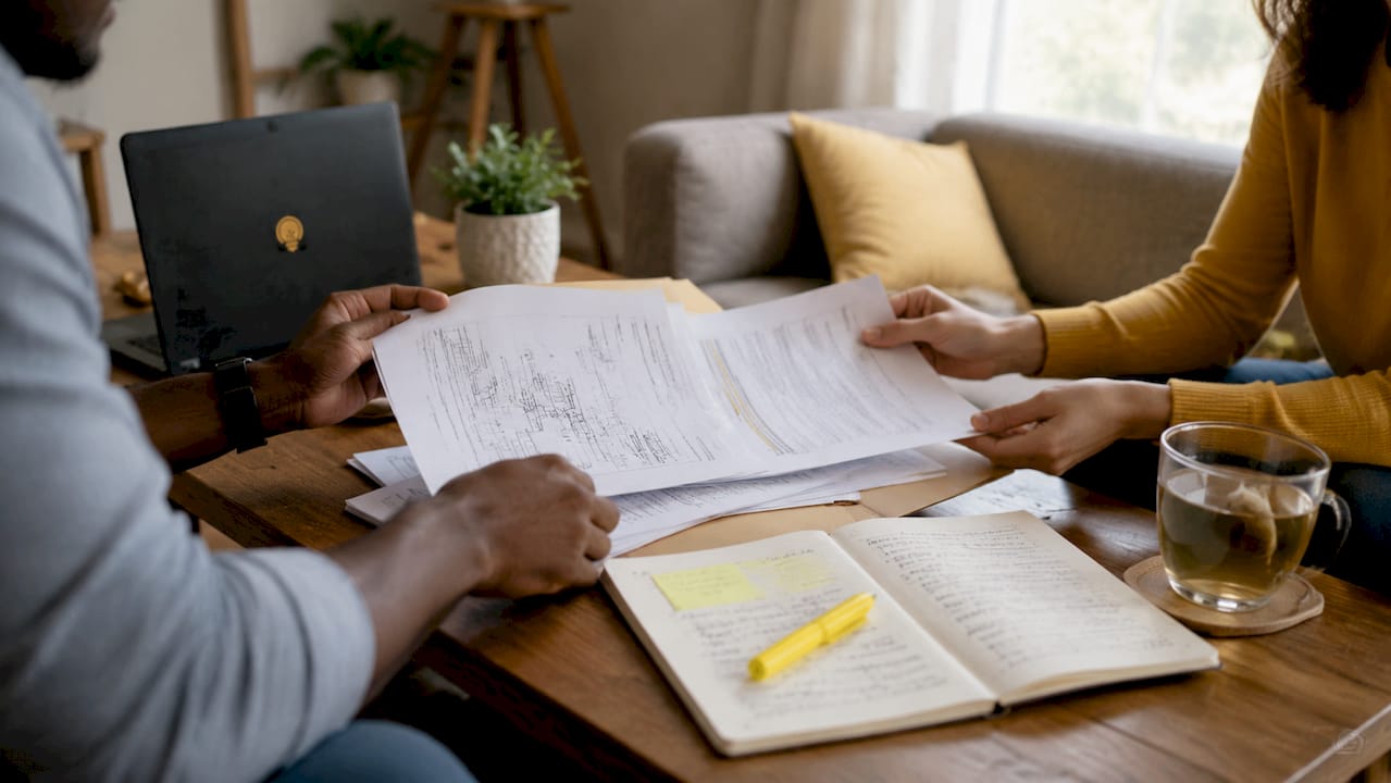 Hands examining patent search documents with magnifier