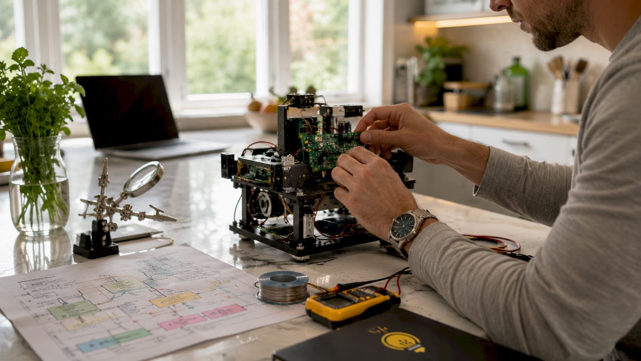 Hands adjusting prototype on workbench