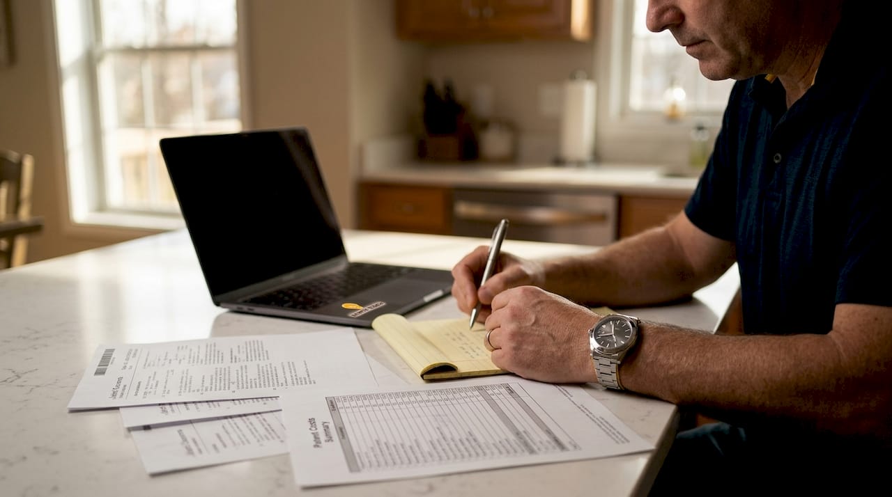 Hands calculating patent costs on paper