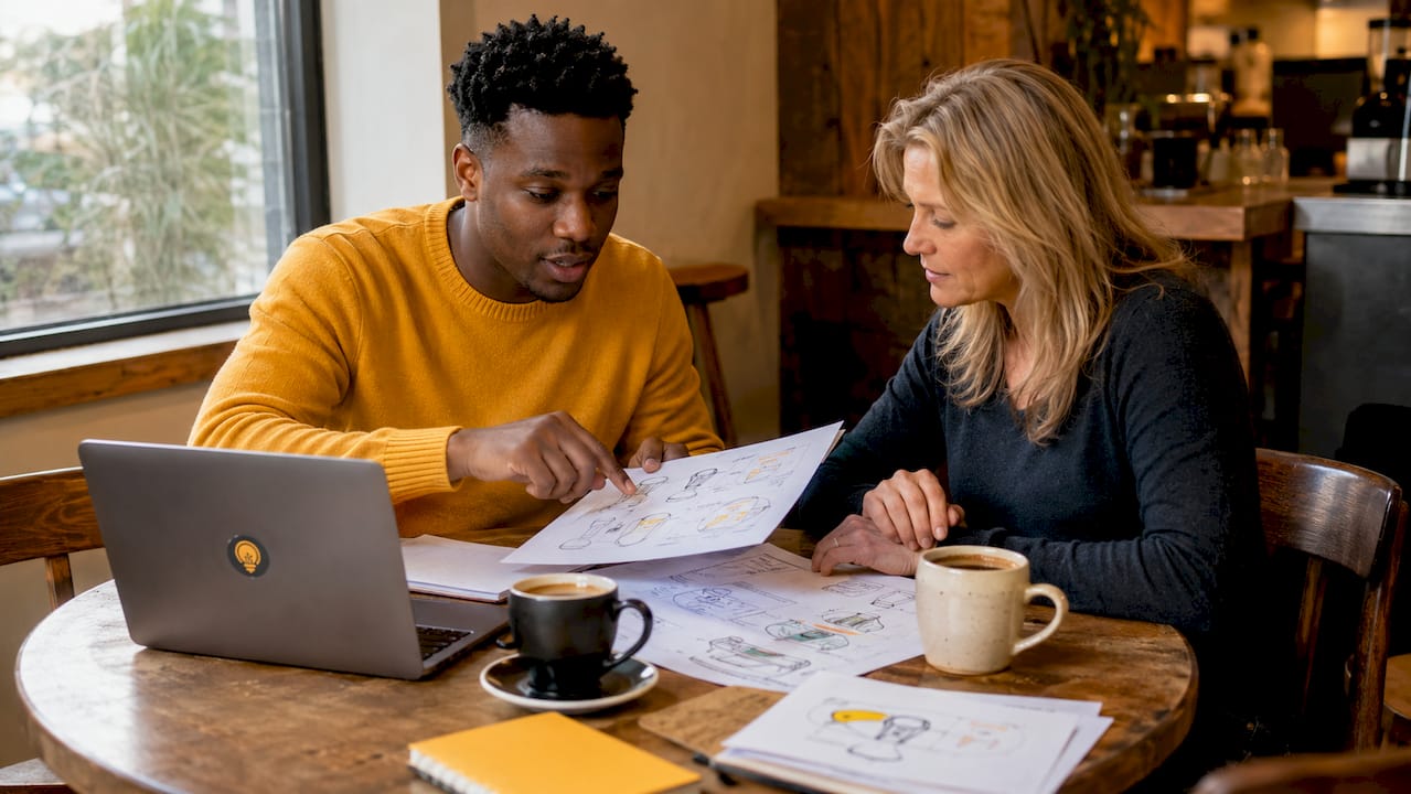 Inventor consulting patent attorney in meeting