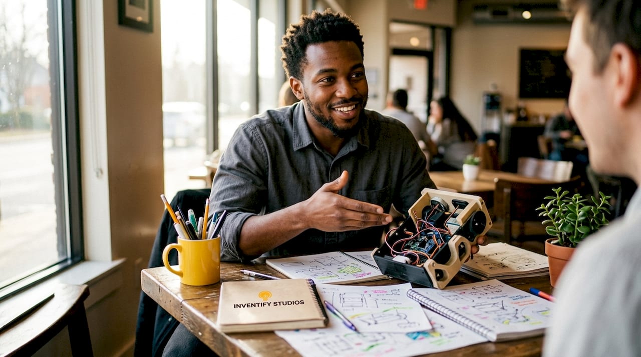 Inventor handling prototype in co-working space