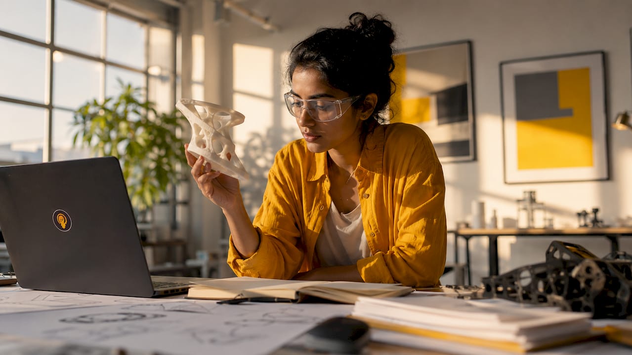 Inventor working on prototype in university lab
