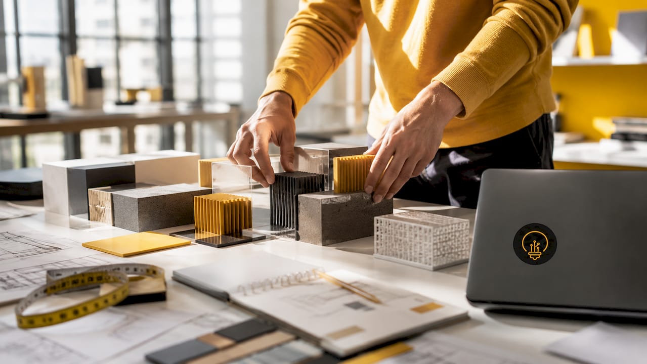 Hands arranging scale model prototypes on table