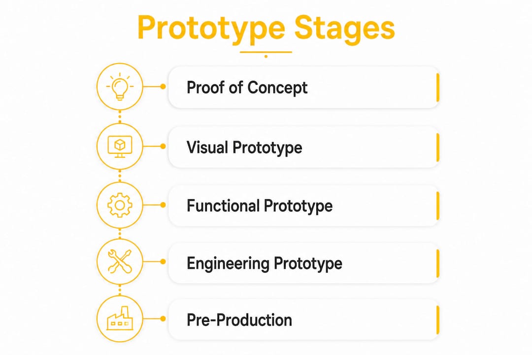 Infographic displaying five product prototype stages in order