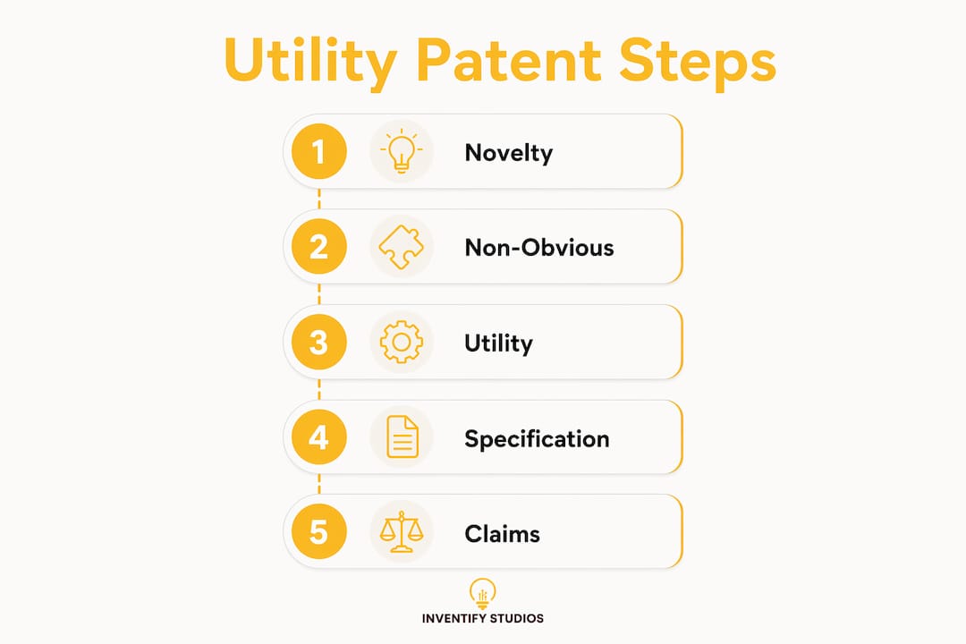 Infographic illustrating key steps to qualify for utility patent