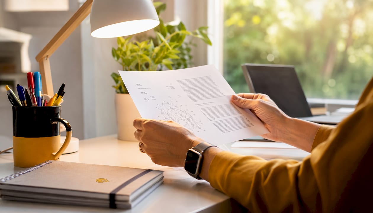 Examiner hands reviewing patent abstract