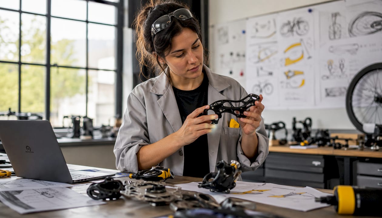 Engineer examining prototype bicycle brake component