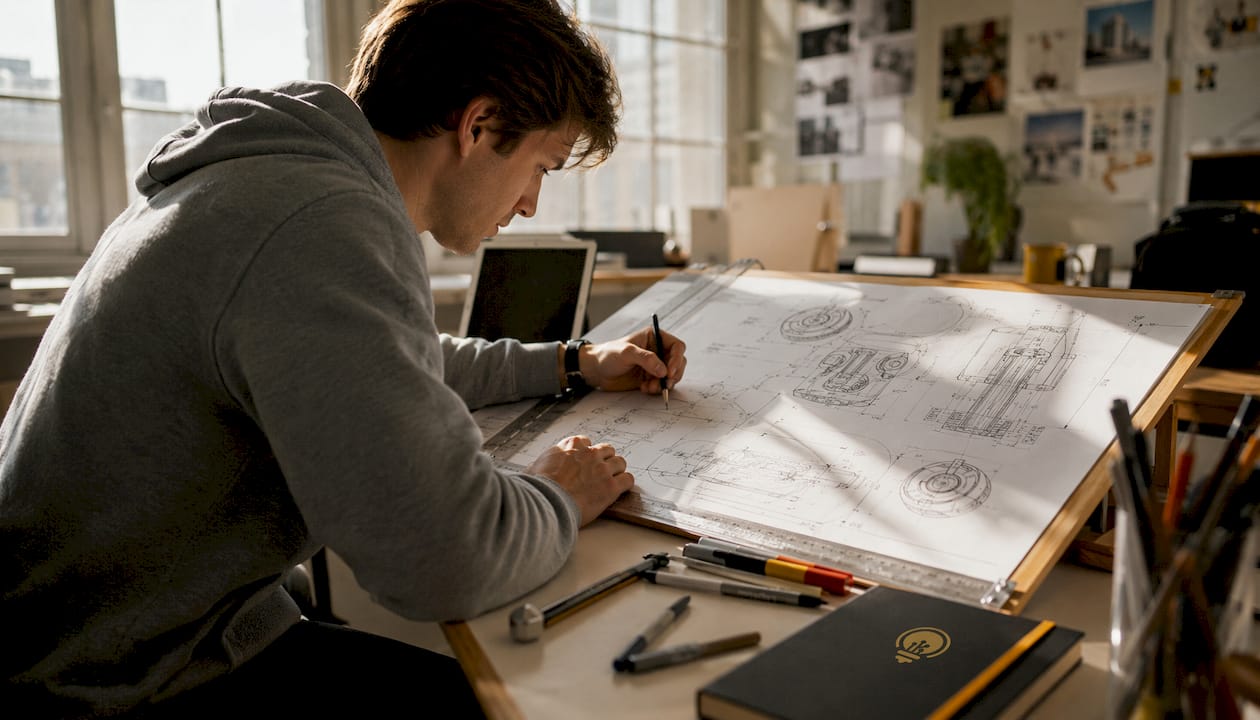 Close-up of hands drafting patent drawings with pencil