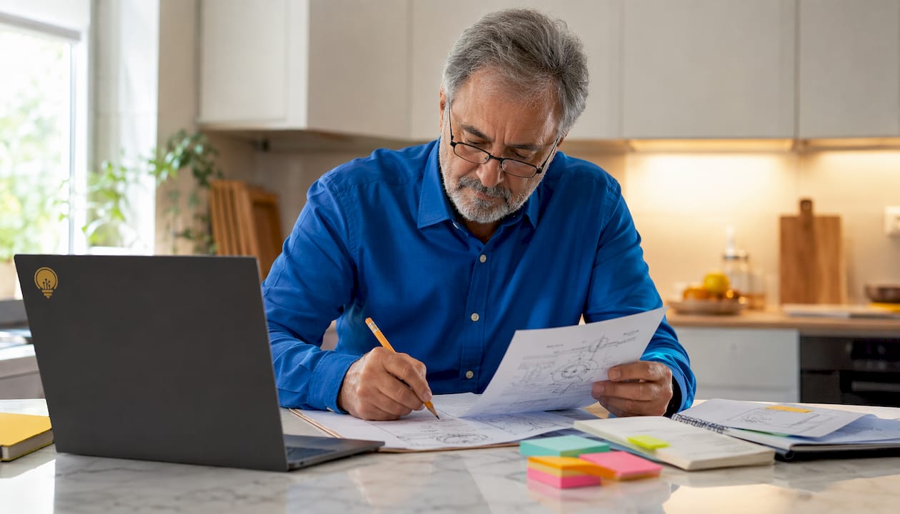 Inventor writing notes on patent specification draft