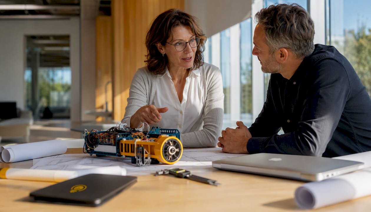 Engineer and manufacturer reviewing prototype sample