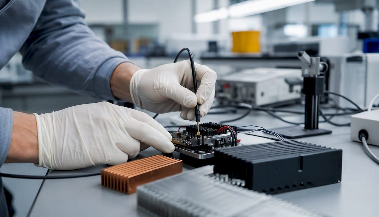 Hands performing thermal test on hardware
