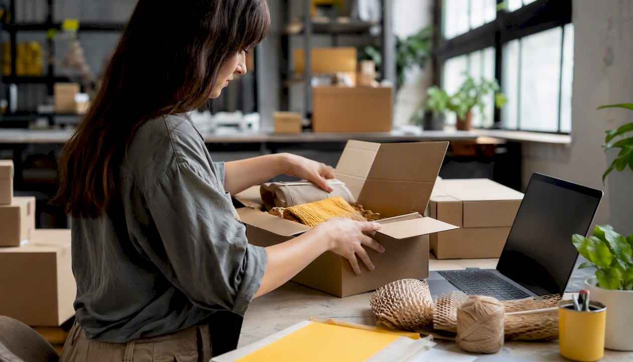 Hands packing subscription box