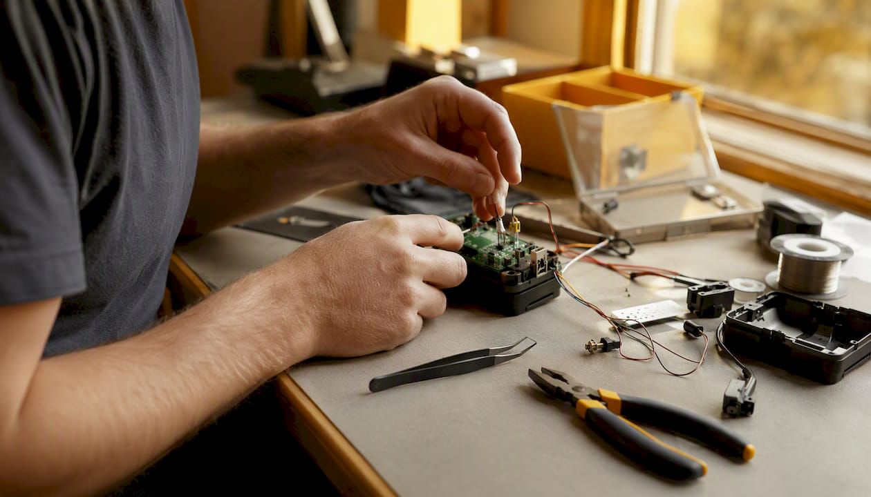 Hands assembling prototype components up close