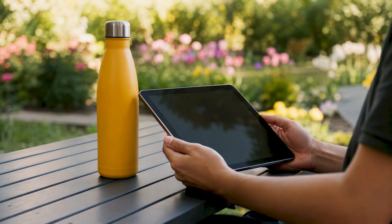 Hands poised over tablet near coffee mug