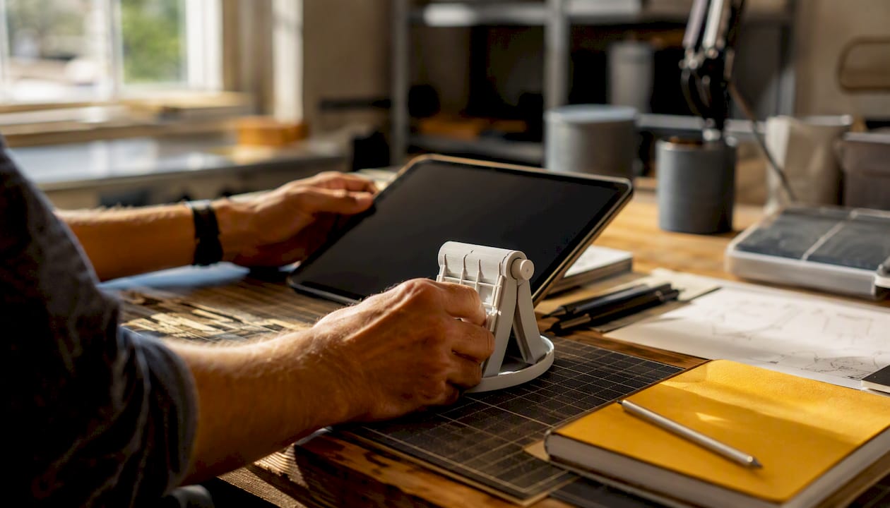 Hands using tablet and prototype model in inventor workspace