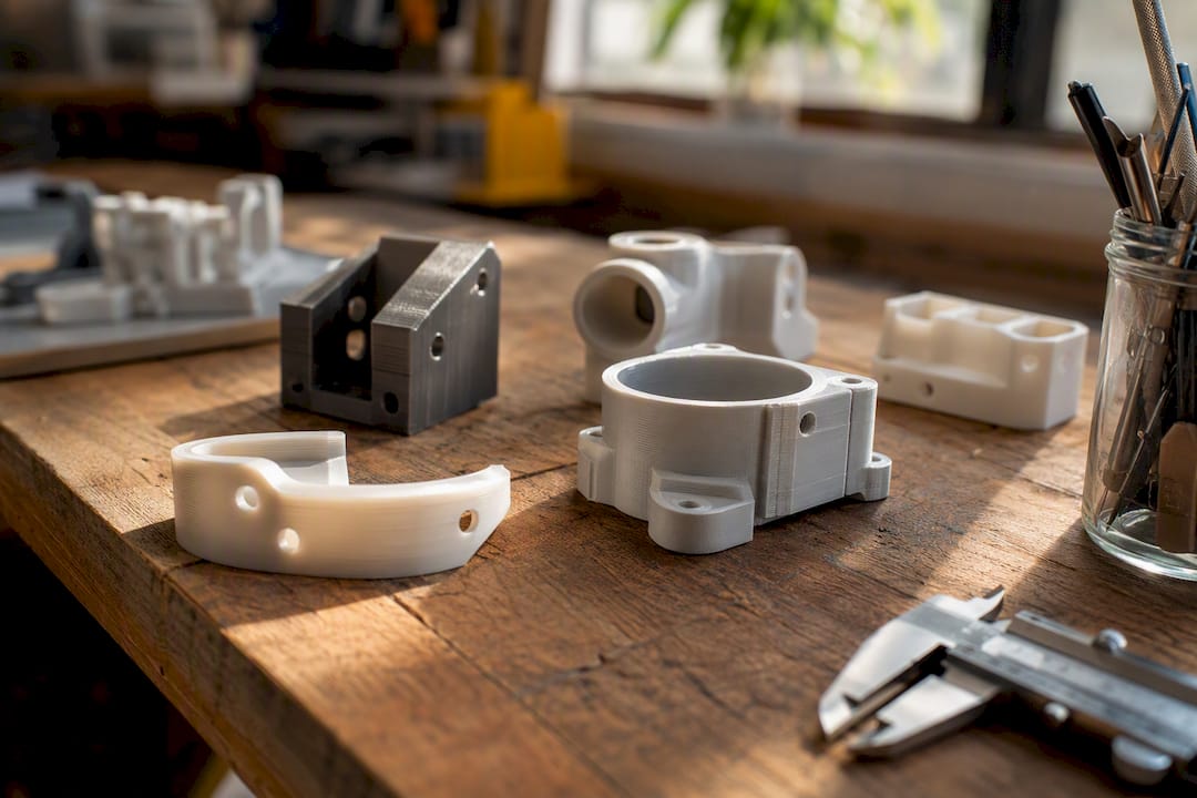 3D printed prototype parts on table
