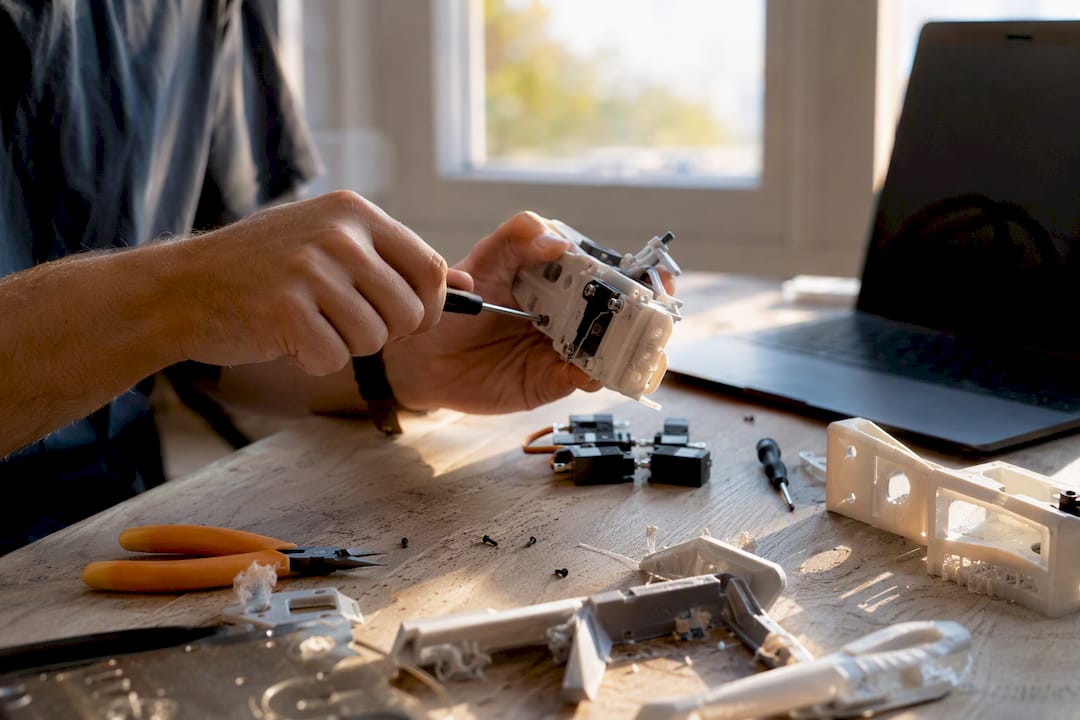 Hands assembling rough prototype parts