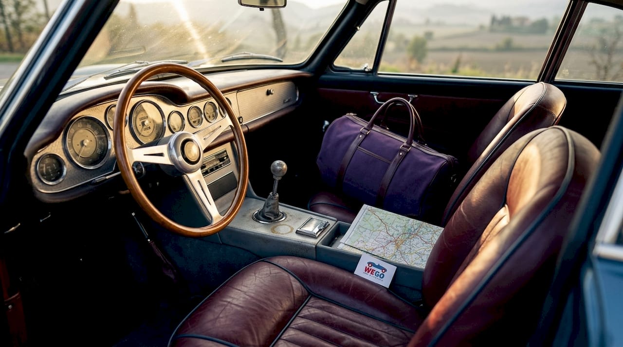 Italian GT car interior details with road atlas