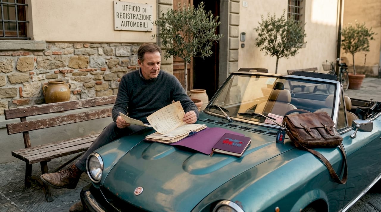 Driver reviews classic car documents outside office