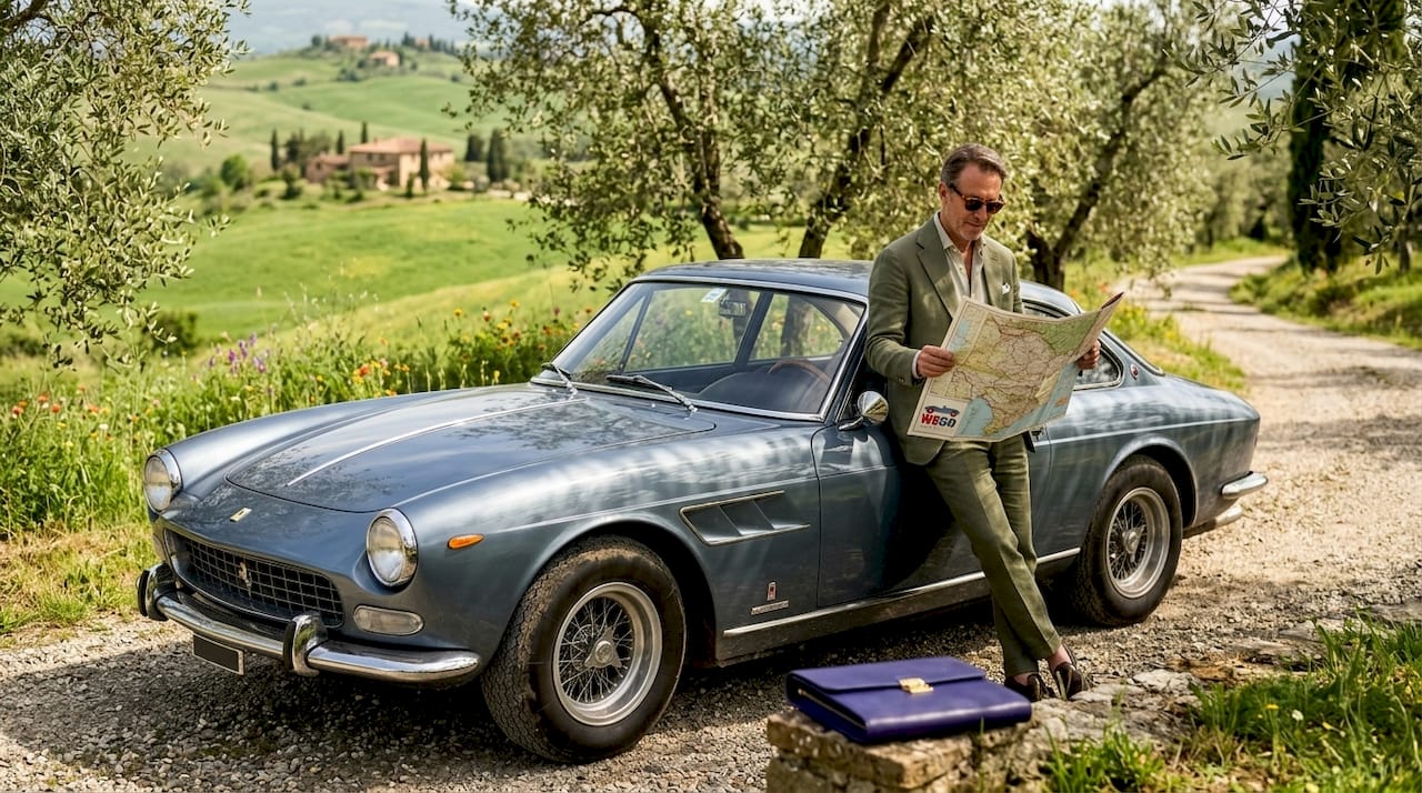 Classic Italian GT car parked in Tuscan countryside