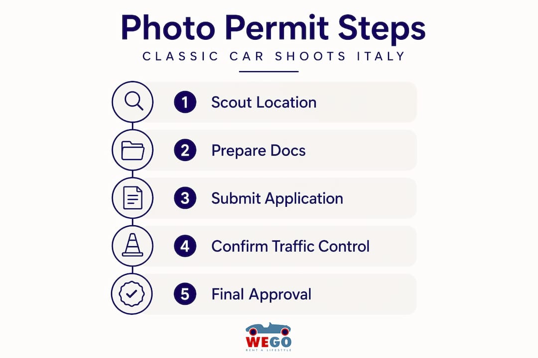 Infographic of classic car photo permit steps Italy