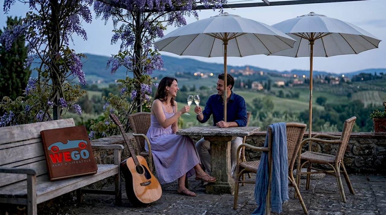 Guests mingling at Tuscan sunset terrace reception