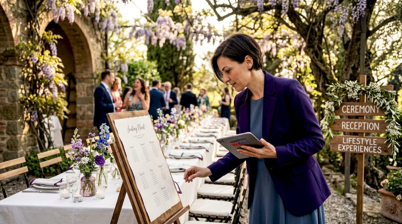 Planner arranging Italian wedding courtyard table