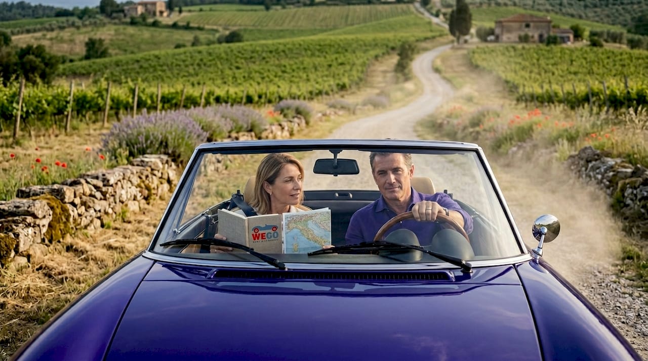 Classic convertible drives through Chianti hills