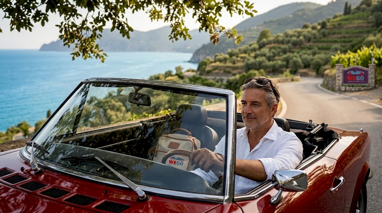 Vintage car driving through Italian countryside