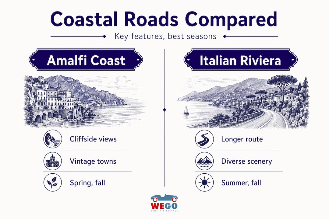Infographic comparing Amalfi Coast and Italian Riviera features