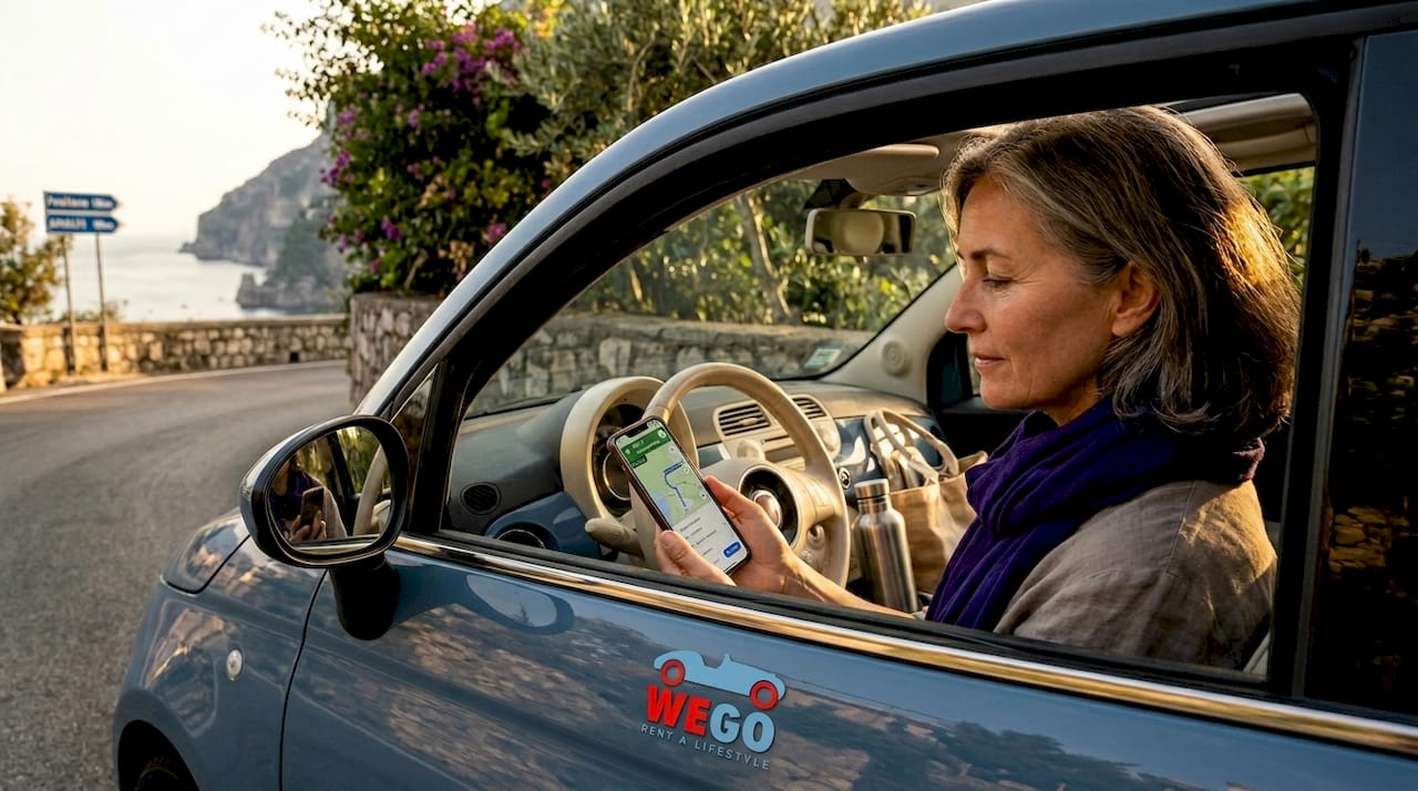 Woman checking directions on coastal road
